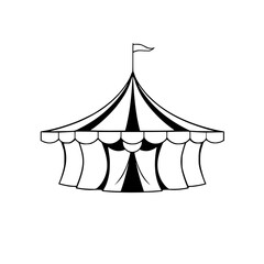 Black and White Circus Tent Silhouette with Flag, Illustrative, Minimalist, Isolated.