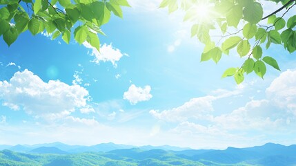 Bright Sunny Day Landscape with Lush Green Foliage and Blue Sky
