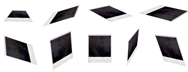 A set of Polaroid photographs from the back at different angles: as if standing/lying on a table, held in hands or falling on an isolated transparent background. PNG
