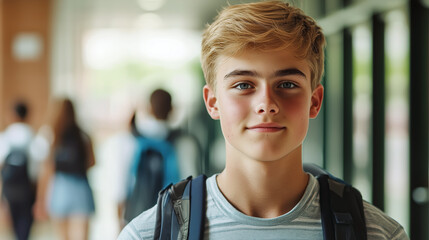 Teen student stands in school hall, wearing backpack, smiling slightly with other students and lockers in background.