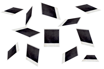 Flying, falling polaroid photos. On isolated transparent background. Vacation, holiday background. PNG
