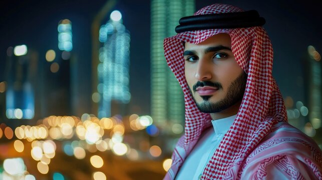 Handsome arab middle-eastern saudi arabian man with traditional saudi clothing in studio - Arabic muslim adult male businessman wearing thwab portrait on night big city background