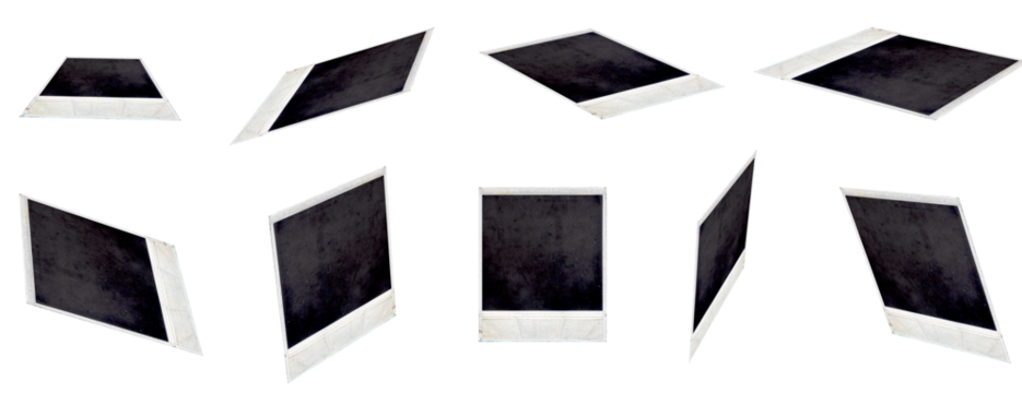 A set of Polaroid photographs from the back at different angles: as if standing/lying on a table, held in hands or falling on an isolated transparent background. PNG
