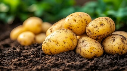 Fresh Harvest Abundance Close Up of Organic Potatoes in Garden Bed, Ready for Cooking