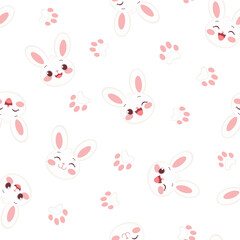 Seamless Pattern with Cartoon Bunny and Paws on White Background, Vector Illustration