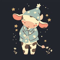 Flat vector illustration in a simple children's style. Cute sleepy calf in pajamas on dark background with stars. Vector illustration