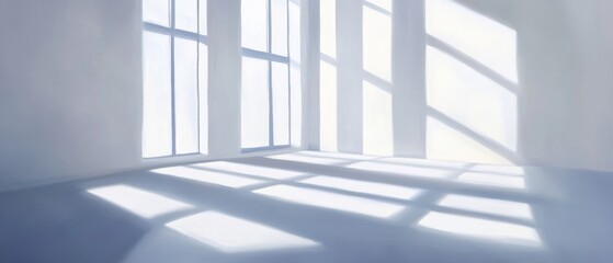 Obraz premium Sunlight casting shadows on a modern empty room with large windows, bright interior design, minimalist decor, space for creativity and inspiration.