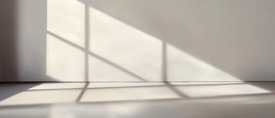 Obraz premium Sunlight casting shadows on a minimalist wall, bright interior space, natural light effect, modern decor, soft shadows, contemporary room design.
