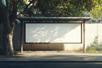 Obraz premium blank white billboard is located on the side of an outdoor bus stop, with sunlight shining down from above and trees in front of it.