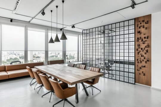 Modern office conference room with city view