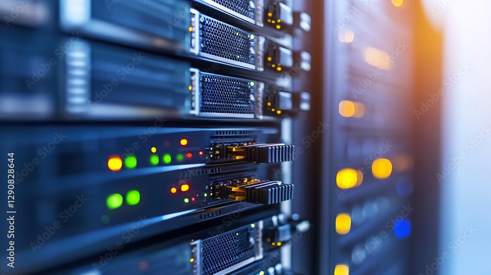 Poster modern data center server rack technology powerful network infrastructure blue lighting high perform