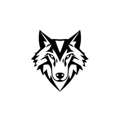 Bold black and white wolf head tattoo design, stylized and stylized, looking forward, symmetrical and detailed.
