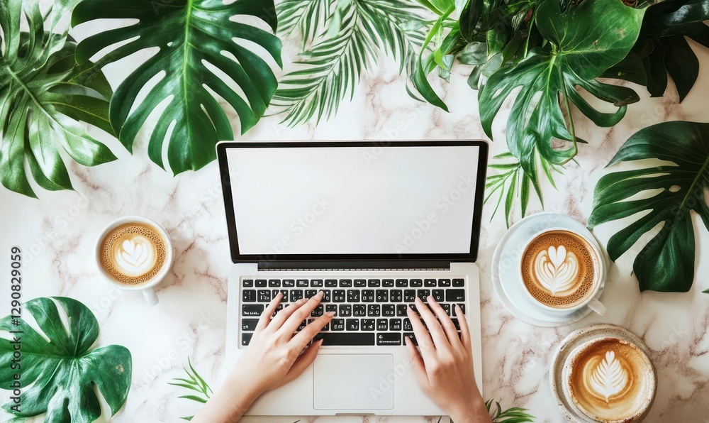 Aufkleber person is typing on their laptop with an empty white screen, sitting at a table in front of coffee a