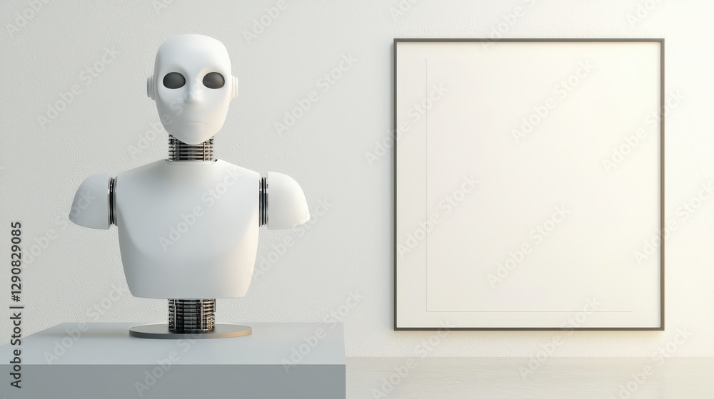 Poster future ready transformation concept. abstract robot mannequin beside a blank canvas in a modern sett