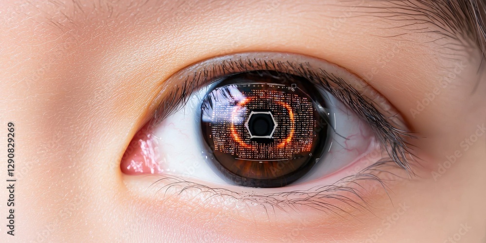Poster future ready transformation concept. close-up of a futuristic eye with digital patterns inside.