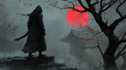 Lone figure in hooded robe, katana at his side, stands on a cliff overlooking a misty landscape with a red moon and ancient temple.