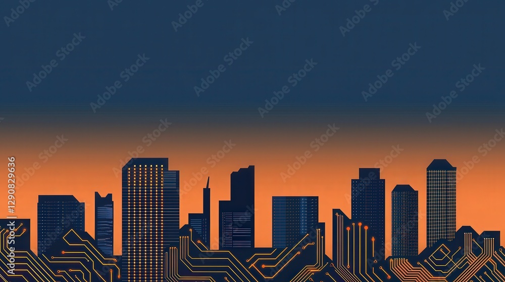 Poster future ready transformation concept. city skyline with circuit-like patterns against a sunset backgr