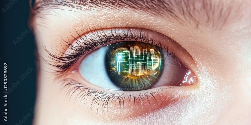 Poster future ready transformation concept. close-up of an eye reflecting digital patterns and technology.