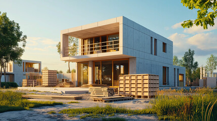 A modern eco-friendly home under construction with AAC blocks, neatly stacked at the site.