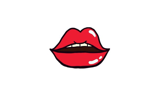 Red kissing lips and heart splash. Cartoon hand drawn pop art frame by frame kiss smack. Retro symbol 60s, 70s, 80s. Flat old funky disco style. Animation bright sticker or love emoji. Alpha channel