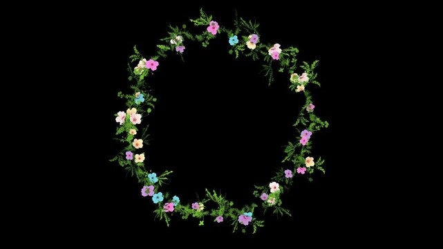 Flower crown, floral wreath, blooming flowers circular border animation isolated on black background with alpha matte