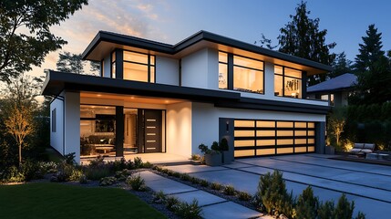 Fototapeta premium Modern Home Exterior at Dusk with Landscaping and Warm Interior Lights