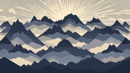 Majestic Sunrise Over Mountain Range Abstract Landscape Illustration