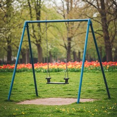 Tranquil Park Swing Set in Blooming Garden with Vibrant Tulips and Lush Greenery