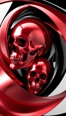 Twin Red Chrome Skulls Encased in Metallic Swirls