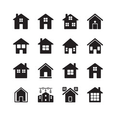 Collection of Black and White Residential and Commercial Building Icons
