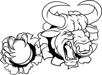 A bull or Minotaur monster longhorn cow angry mean cricket mascot cartoon character.