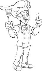 A chef cartoon barbecue cook man giving thumbs up and holding a hotdog or grilled sausage on a BBQ or cooking fork mascot character illustration