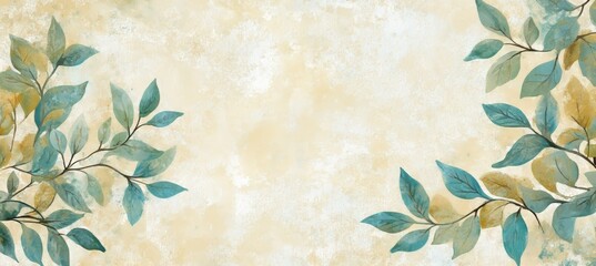 Watercolor Botanical Background, Turquoise, Ivory With Decorative Foliage , Pastel Delicate Design