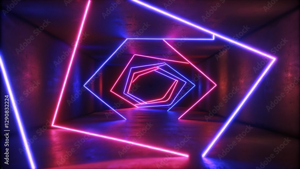 Poster 3d visualization. geometric figure in neon light against a dark tunnel. laser glow. blockchain text 