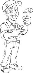 A cartoon mascot man handyman or carpenter holding a hammer tool and pointing