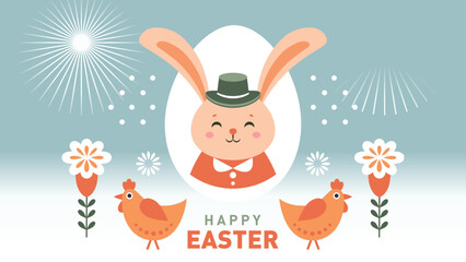 Easter card with cute easter bunny and chicken
