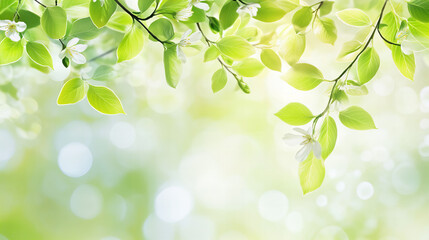 Fototapeta premium Soft-focus spring nature background with white blossoms, green leaves, and golden sunlight bokeh, creating a dreamy seasonal atmosphere perfect for floral themes, wedding invitations, spa designs