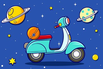 Obraz premium Delivery to any point. The scooter moves between planets in space.