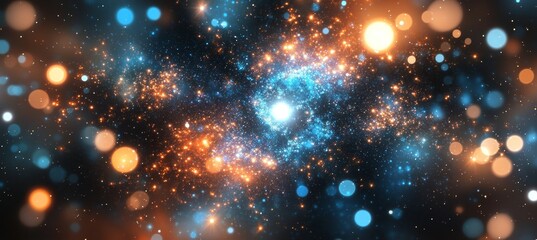 Naklejka premium Abstract Glowing Bokeh Lights, Orange and Teal Color Scheme, Converging Light Beams, Dark Background