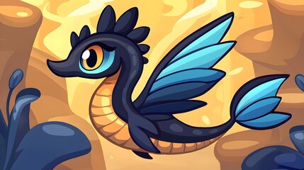 Obraz premium Colorful Fantasy Dragon Creature with Blue Wings Swimming in a Whimsical Ocean Environment