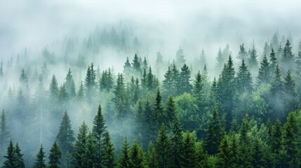 A misty morning in a pine forest
