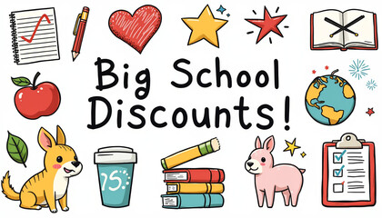Colorful school discount banner with doodle-style illustrations.