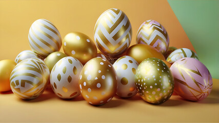 Obraz premium Bright golden background with many golden eggs for Easter holiday. Golden eggs with geometric patterns, painted eggs, background