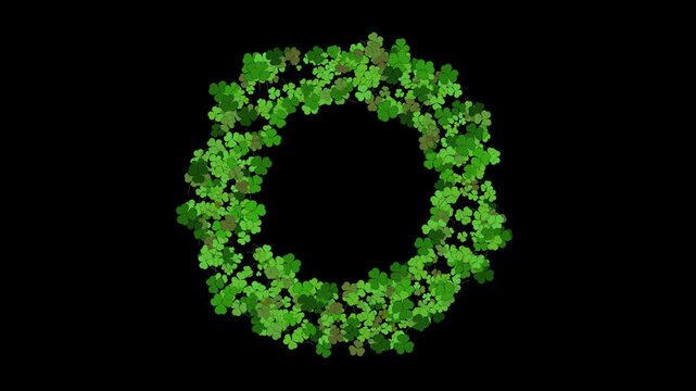 Green clover growing floral wreath, circular botanical frame animation isolated on black background with alpha matte.