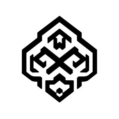 Symmetrical, black and white design of a geometric abstract symbol, a diamond shape, and a stylized cross-like.