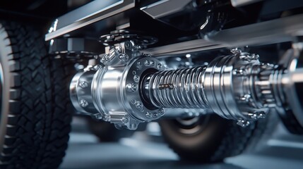 Fototapeta premium A detailed examination of the pneumatic system in a semi-truck axle, highlighting the complexity of air-powered components crucial for brake and suspension systems