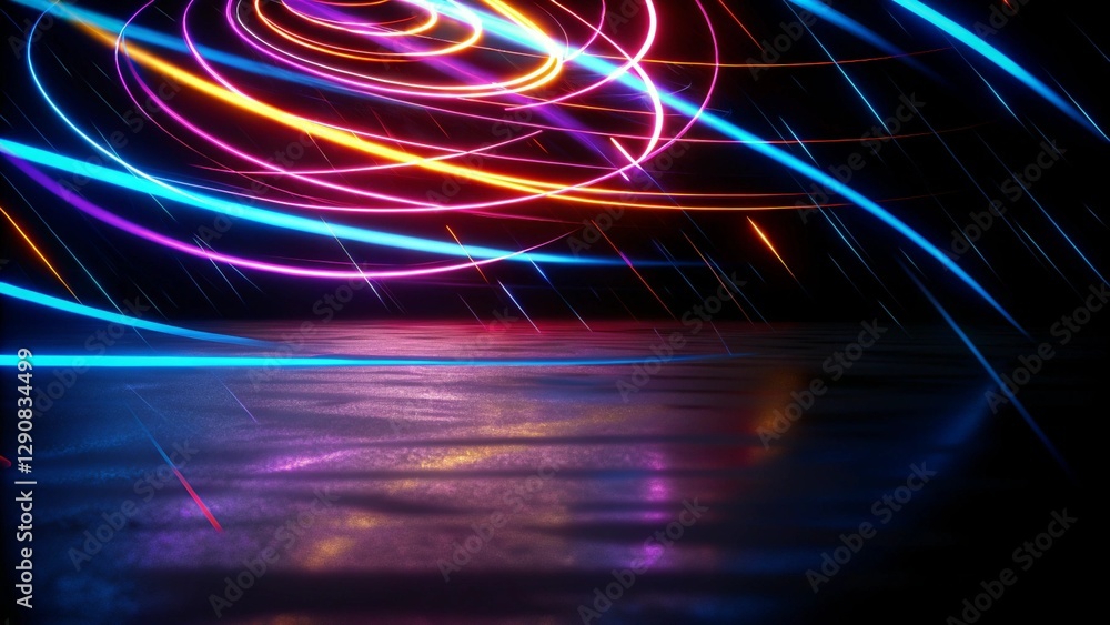 Wall mural 3d technology abstract neon light splash particle background, moving high speed wave lines empty spa