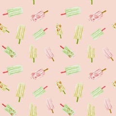Colorful ice cream popsicles in a seamless watercolor pattern design for fabric and wallpaper