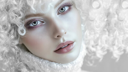Beautiful albino woman with white curly hair. High resolution aesthetic suitable for advertising purposes. Photo to attract attention in banner ads. Generated AI.