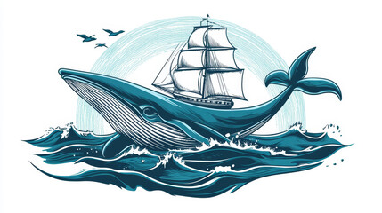 Whale nautical and marine sailing themed label vector.